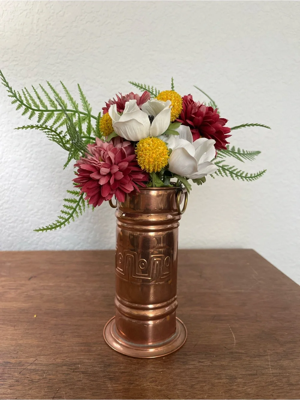 Vintage French hammered copper vase with brass handles